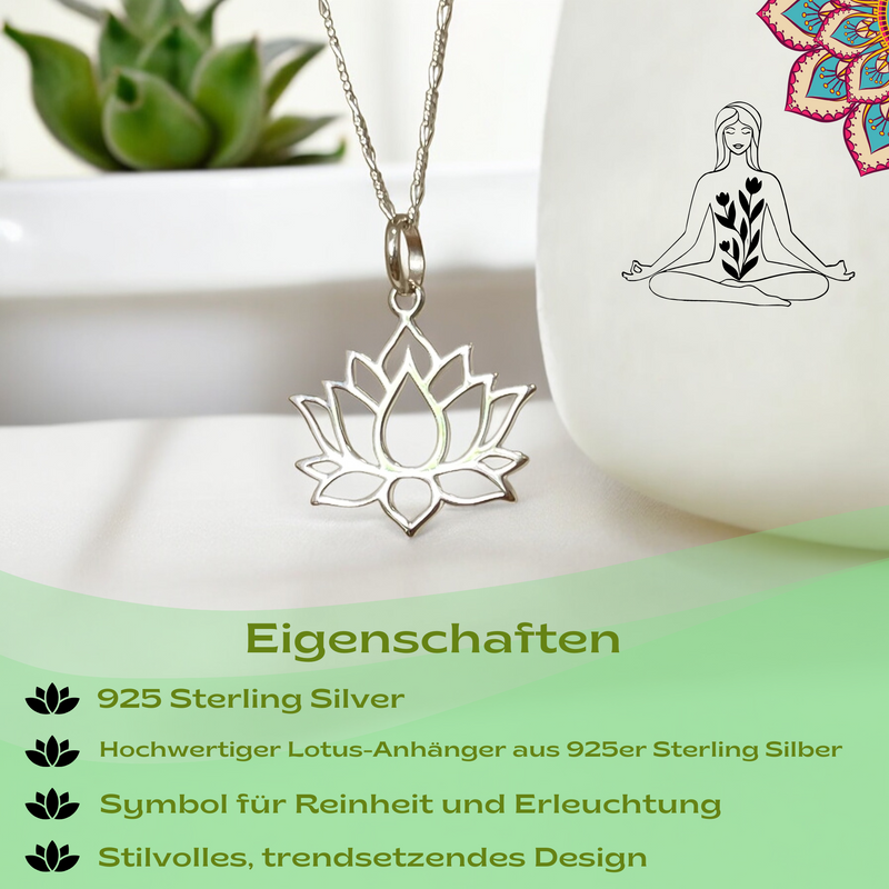 925 Sterling Silber Kette mit Lotus Anhänger - Symbol für Reinheit und Erleuchtung - K925-106